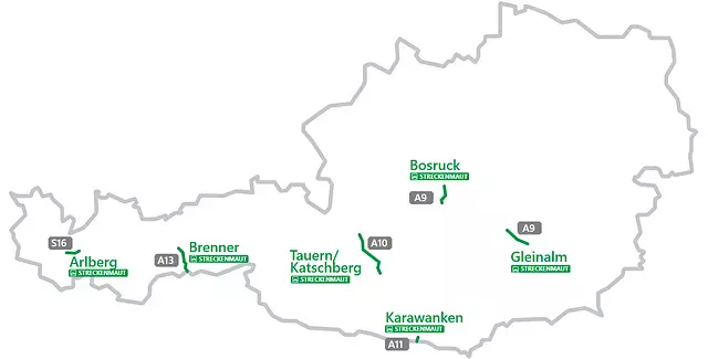Mapa dodatečně zpoplatněných úseků v Rakousku