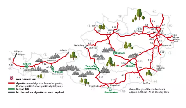 Mapa opłat drogowych w Austrii | Źródło: ASFGiNAG.at