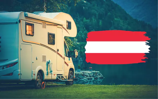 Zdjęcie kampera i flagi Austrii | Źródło: Canva free