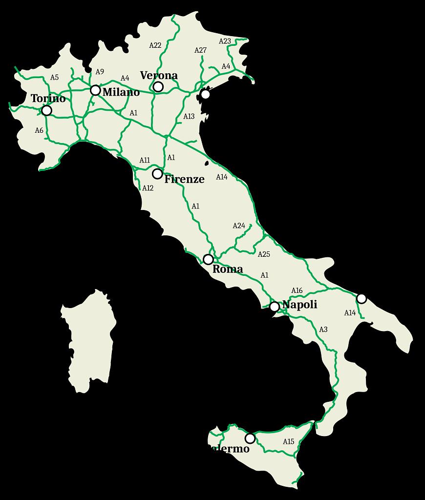 Kaart van autosnelwegen in Italië. Bron: commons.wikimedia.org
