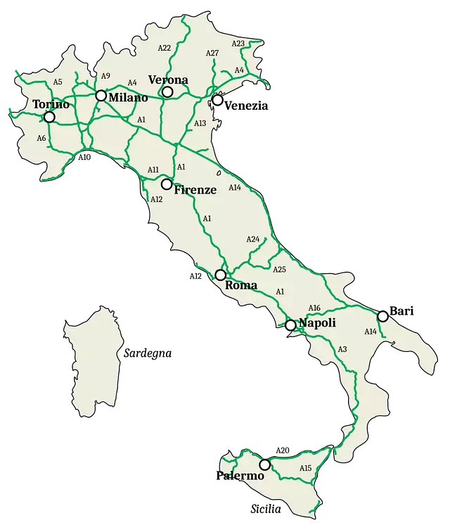 Karte der Autobahnen in Italien. Quelle: commons.wikimedia.org
