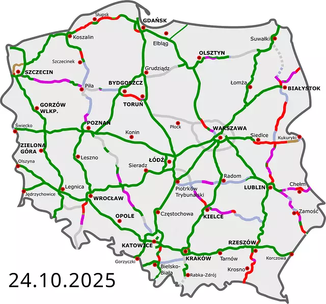 Avtor: Sliwers / rzyjontko | Cestni zemljevid temelji na spletni strani GDDKiA (Poljska agencija za avtoceste). CC BY 3.0