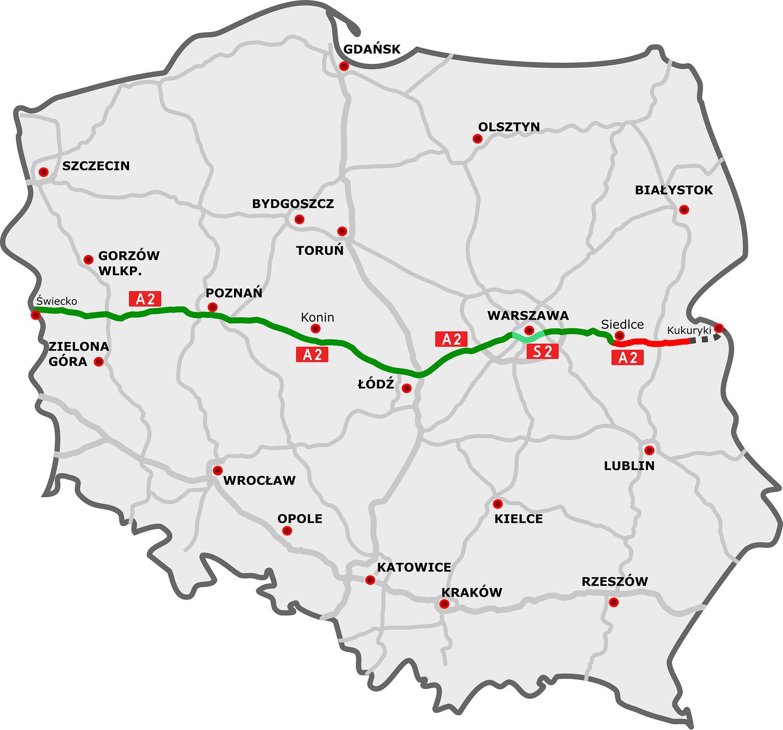 Autor: Sliwers / rzyjontko | Cestná mapa založená na webovej stránke GDDKiA (Poľská diaľničná správa). CC BY 3.0