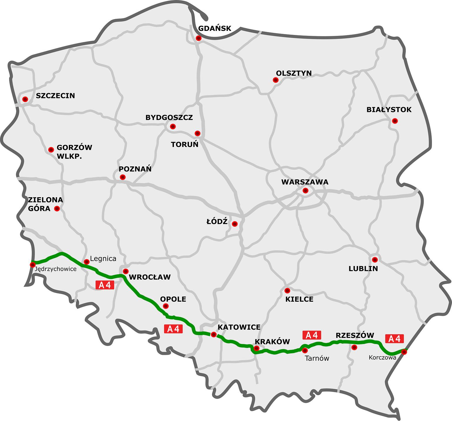 Autor: Sliwers / rzyjontko | Cestná mapa založená na webovej stránke GDDKiA (Poľská diaľničná správa). CC BY 3.0