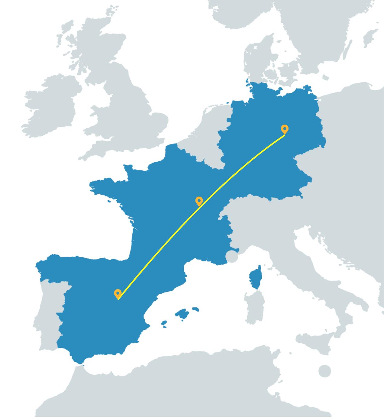 Karte mit der Route von Deutschland nach Spanien über Frankreich | Quelle: Canva free