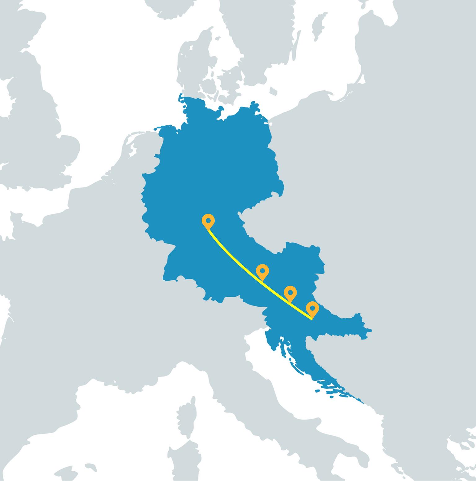 Karte der Autofahrt von Deutschland nach Kroatien über Österreich und Slowenien mit markierten Autobahnen