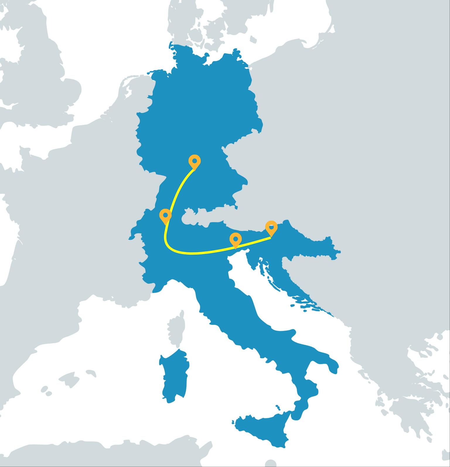 Karte der alternativen Autofahrt von Deutschland nach Kroatien über die Schweiz, Italien und Slowenien mit markierten Autobahnen