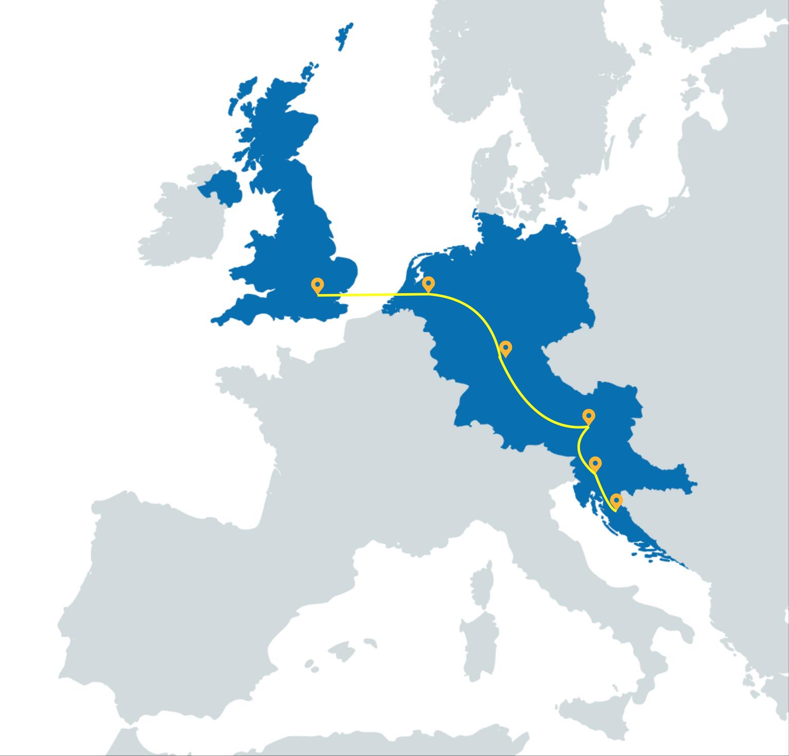 Map showing the fastest route from England to Croatia through the Netherlands, Germany, Austria and Slovenia