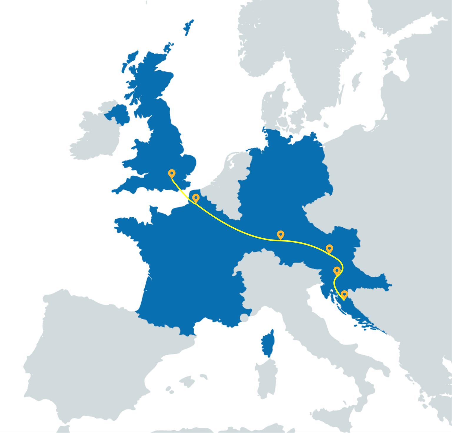 Map showing the fastest route from England to Croatia through France, Germany, Austria and Slovenia