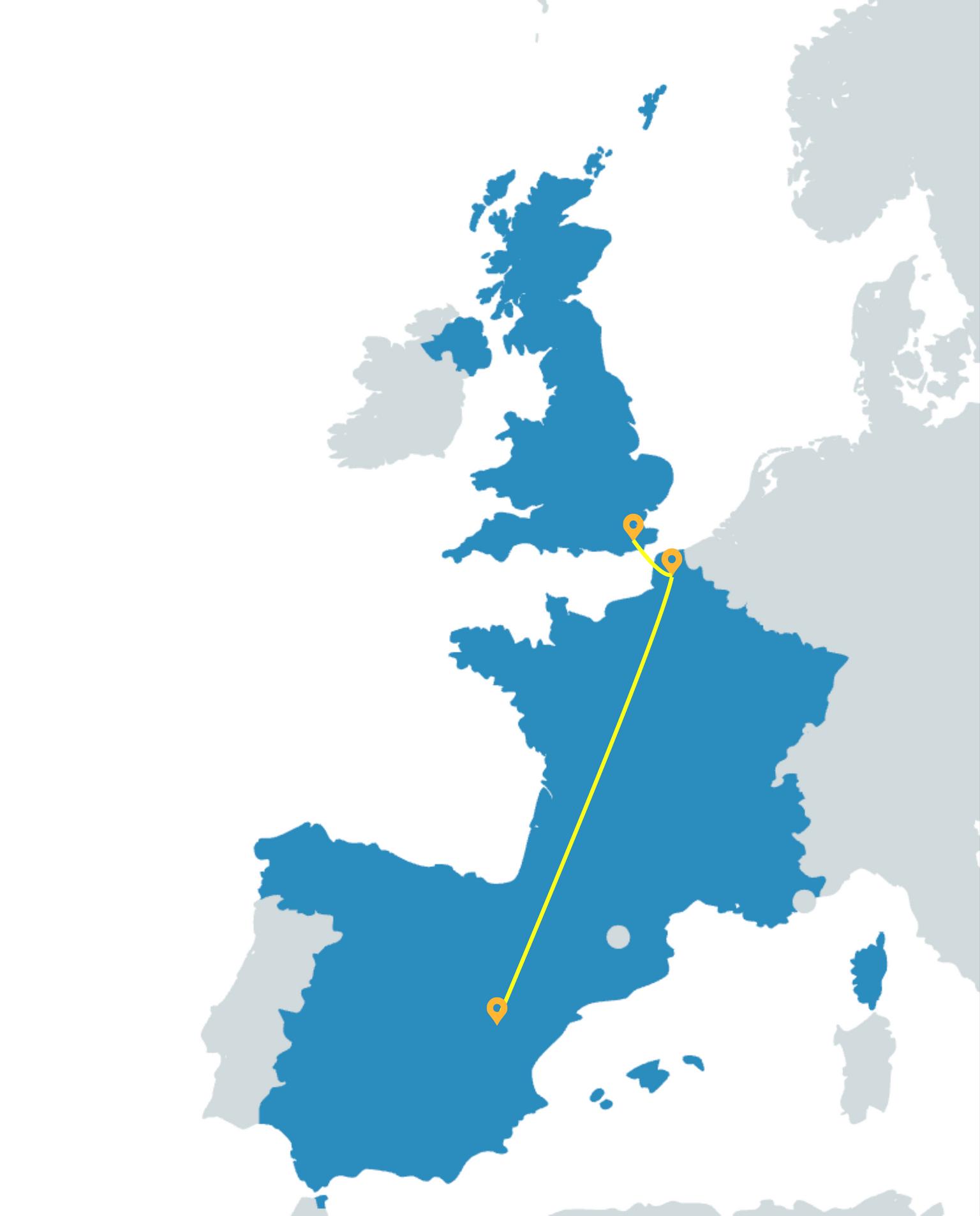 Map showing a route from England to Spain, with a yellow line connecting a point in southern England to a location on the Spanish coast, passing over France