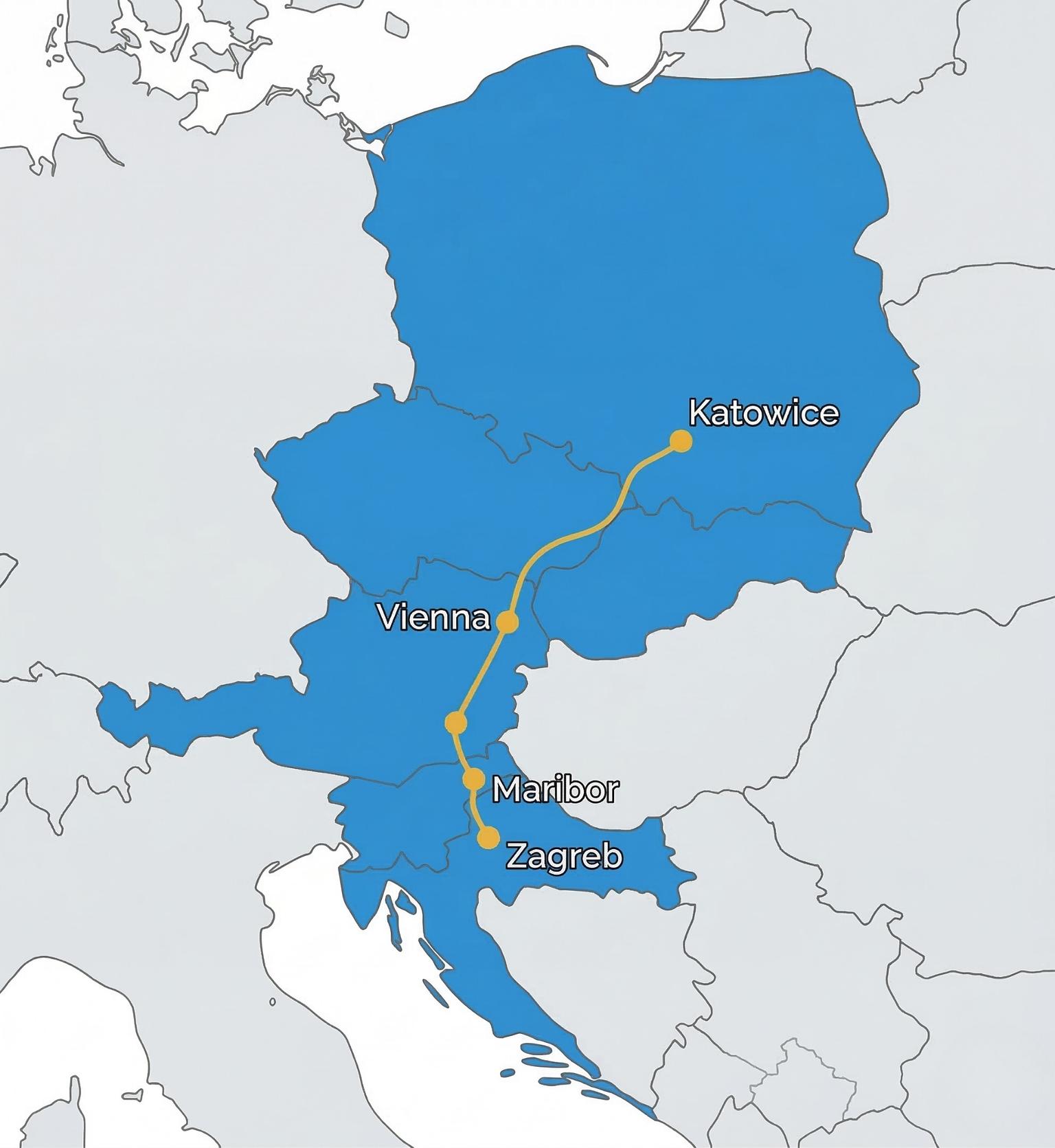 Mapa trasy samochodowej z Polski do Chorwacji przez Katowice, Wiedeń i Zagrzeb.