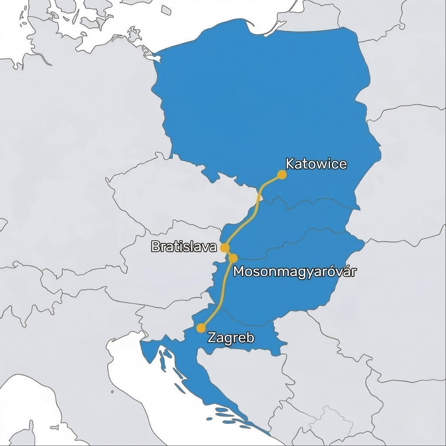 Mapa przedstawiająca trasę samochodową z Katowic w Polsce do Zagrzebia w Chorwacji przez Mosonmagyaróvár na Węgrzech, z zaznaczonym głównym korytarzem autostradowym Europy Środkowej.