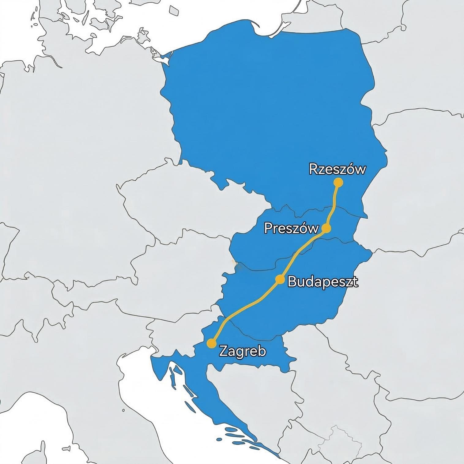 Mapa przedstawiająca trasę samochodową z Rzeszowa w Polsce do Zagrzebia w Chorwacji przez Preszów na Słowacji i Budapeszt na Węgrzech, z zaznaczonym głównym korytarzem autostradowym Europy Środkowej.