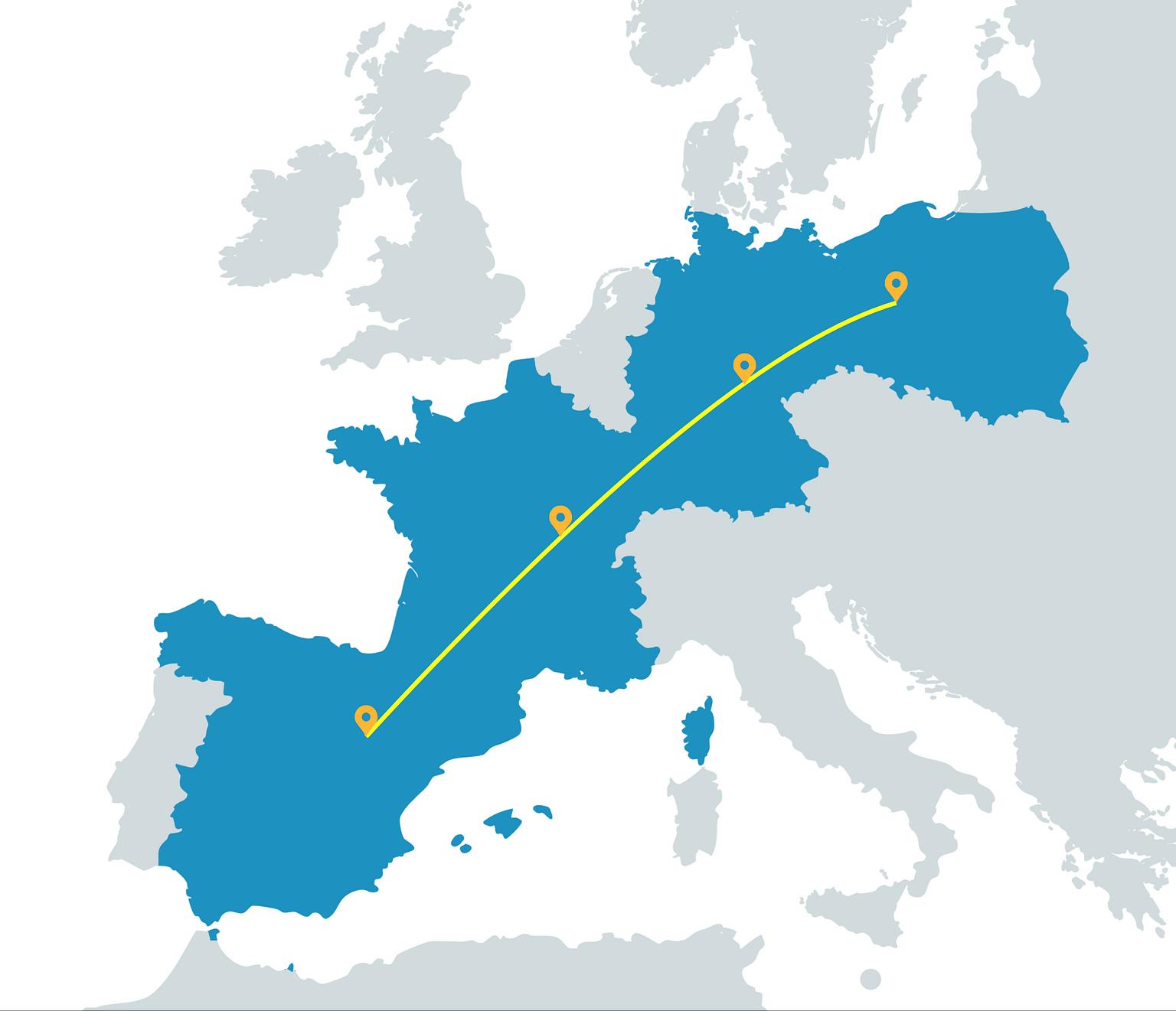 Mapa trasy samochodowej z Polski do Hiszpanii przez Niemcy i Francję z zaznaczonym przebiegiem autostrad