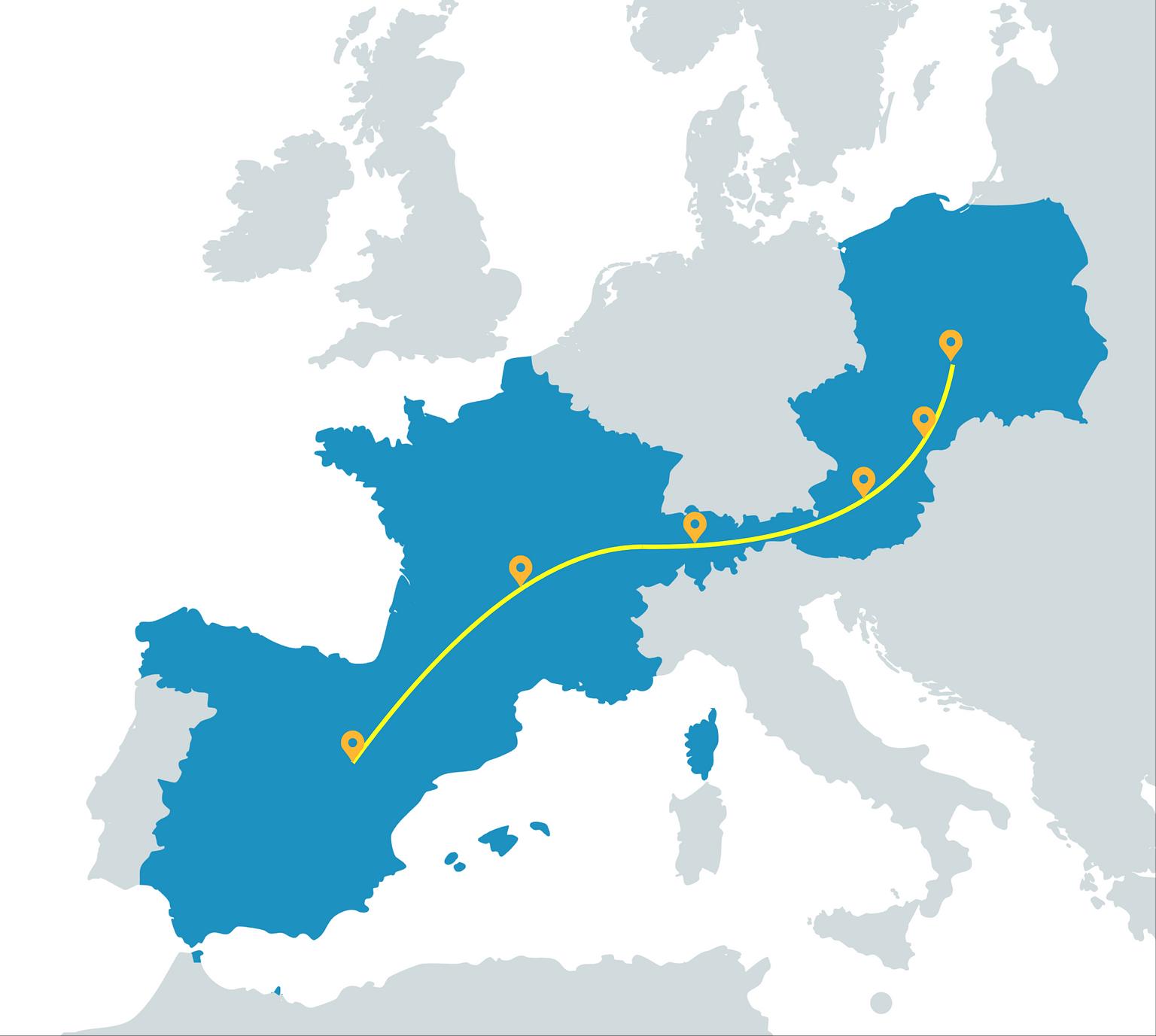 Mapa trasy samochodowej z Polski do Hiszpanii przez Czechy, Austrię, Szwajcarię i Francję z zaznaczonym przebiegiem autostrad
