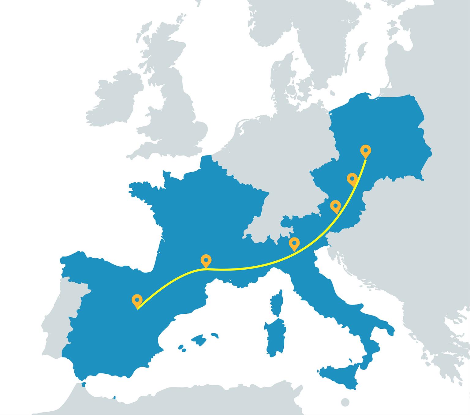 Mapa trasy samochodowej z Polski do Hiszpanii przez Czechy, Austrię, Włochy i Francję z zaznaczonym przebiegiem autostrad