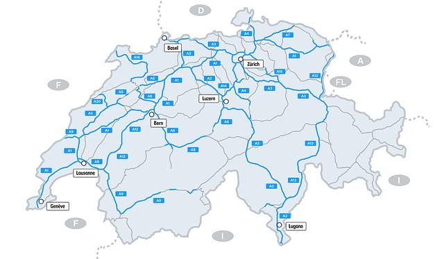 Kaart van tolwegen in Zwitserland