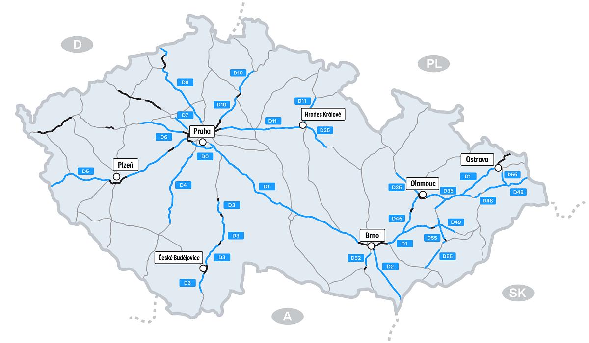 Mappa delle strade a pedaggio nella Repubblica Ceca