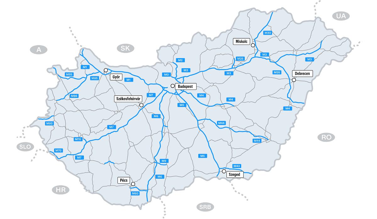 Zemljevid cestninskih cest na Madžarskem