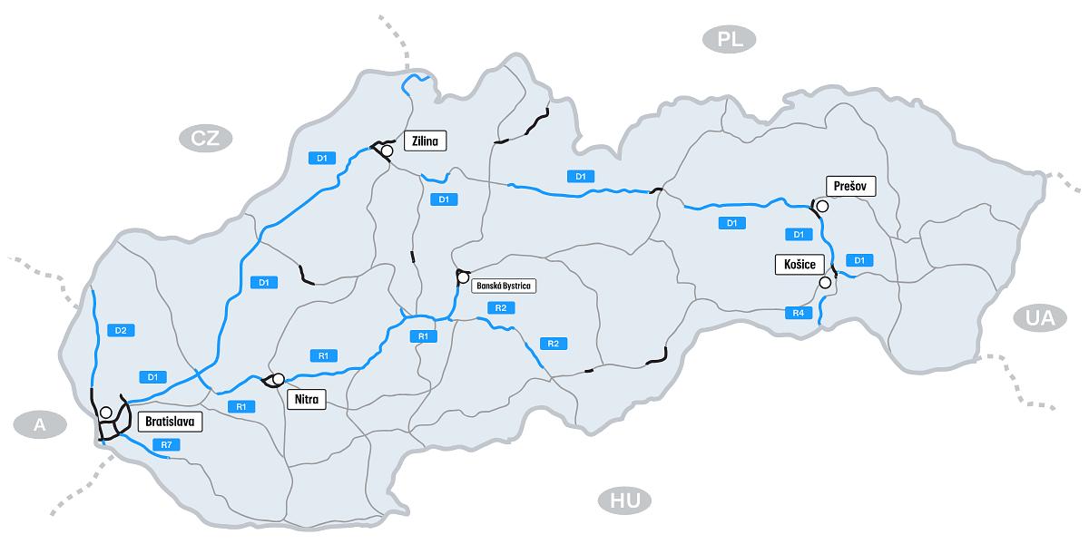 Karte der mautpflichtigen Strassen in der Slowakei