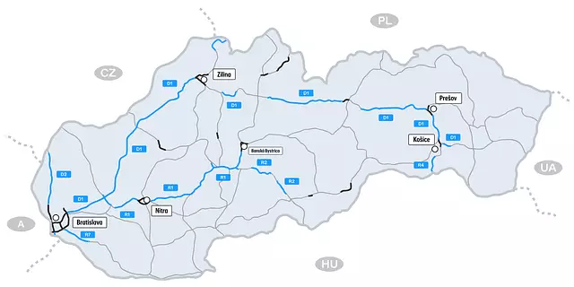 Zemljevid cestninskih cest na Slovaškem