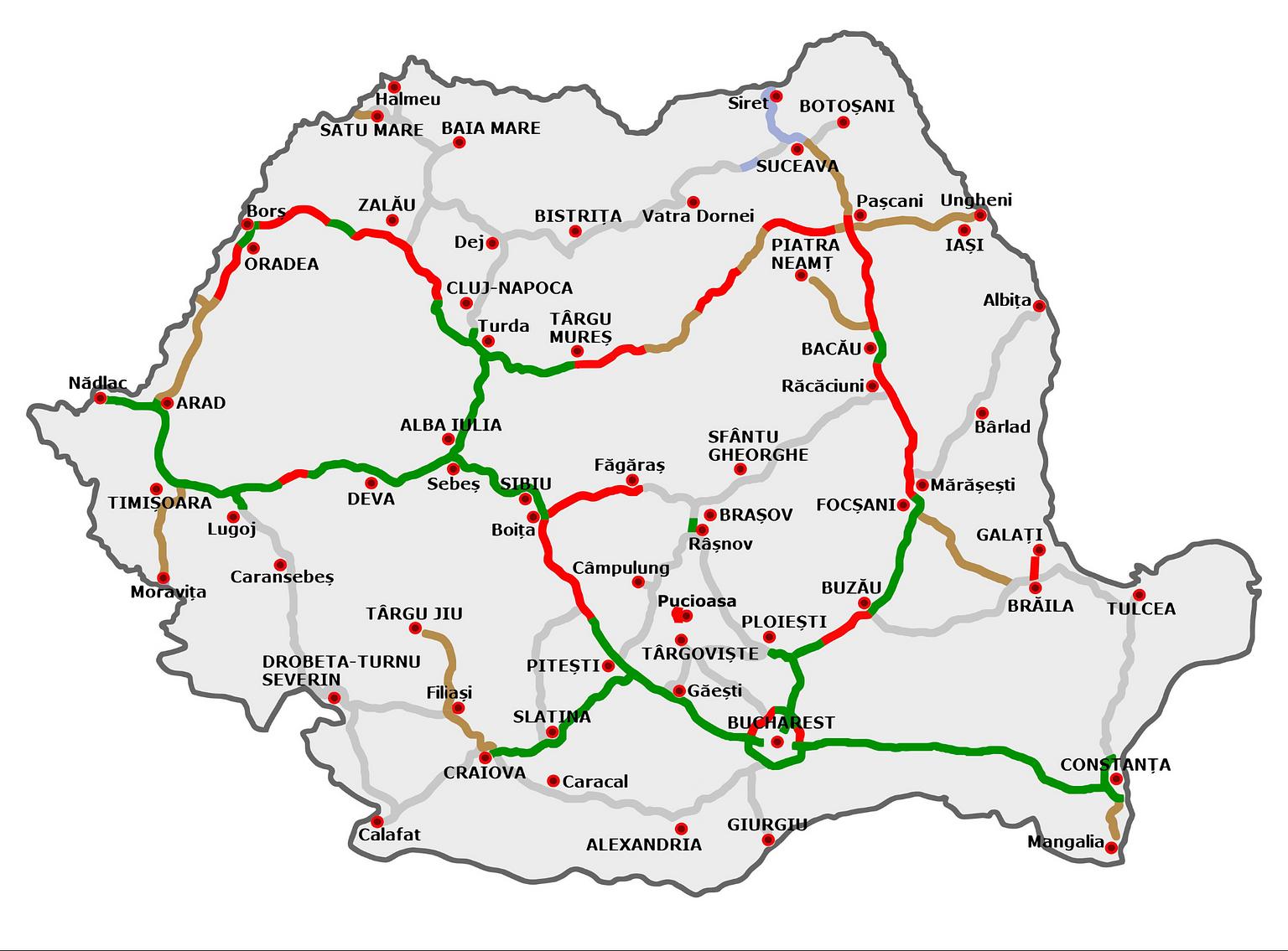 Karte der mautpflichtigen Straßen in Rumänien 2025 | Quelle: Wikipedia, LeinadWalter