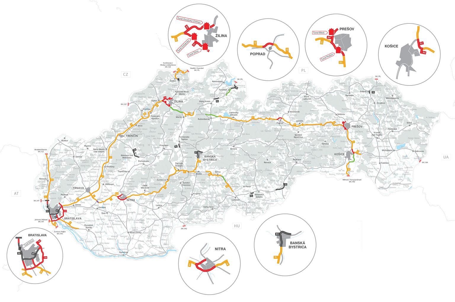 Map of the charged sections of motorways in Slovakia